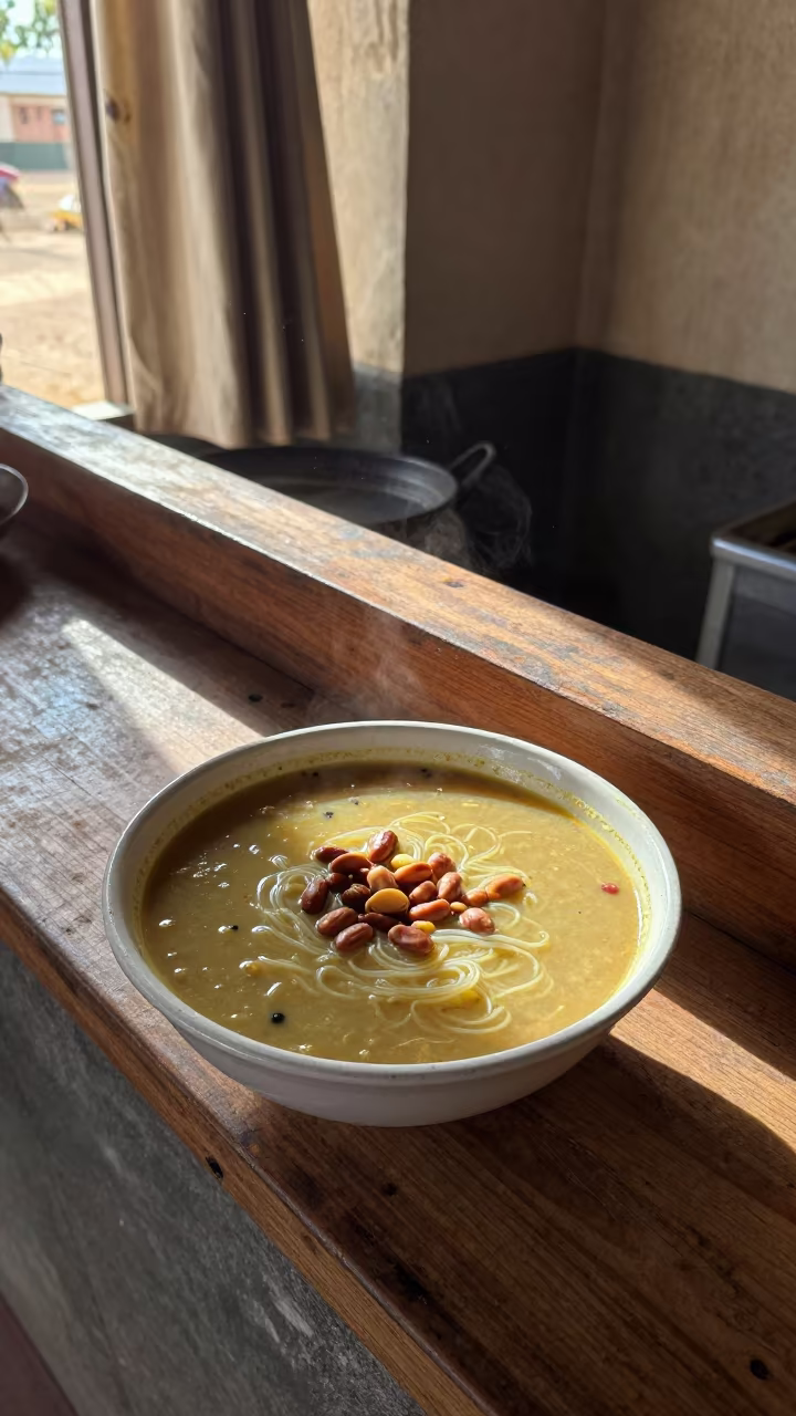 Groundnut Soup and Fufu on Wooden Counter in Constantine in at a noodle counter in Constantine