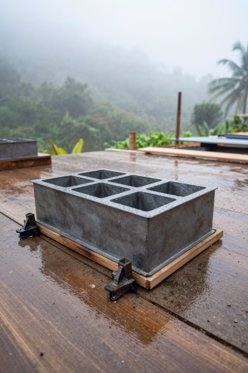 Grout Cube Mold Box on Cameron Highlands Construction Deck in on an active construction deck in Cameron Highlands