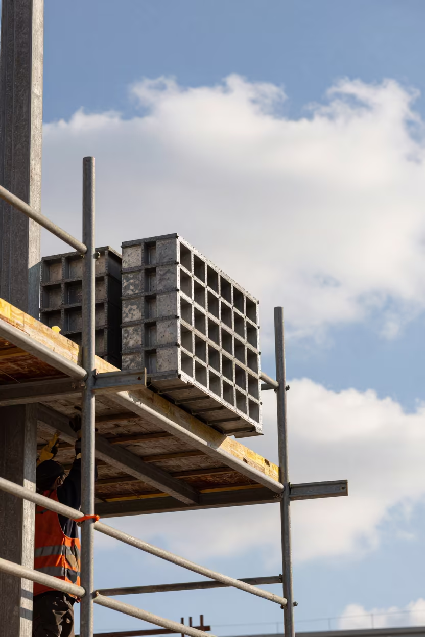 Grout Cube Mold Box on Scaffolded Facade in Ontario in along a scaffolded facade in Ontario
