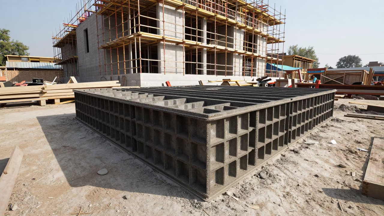 Grout Cube Mold Box on Scaffolded Facade in along a scaffolded facade near Sargodha