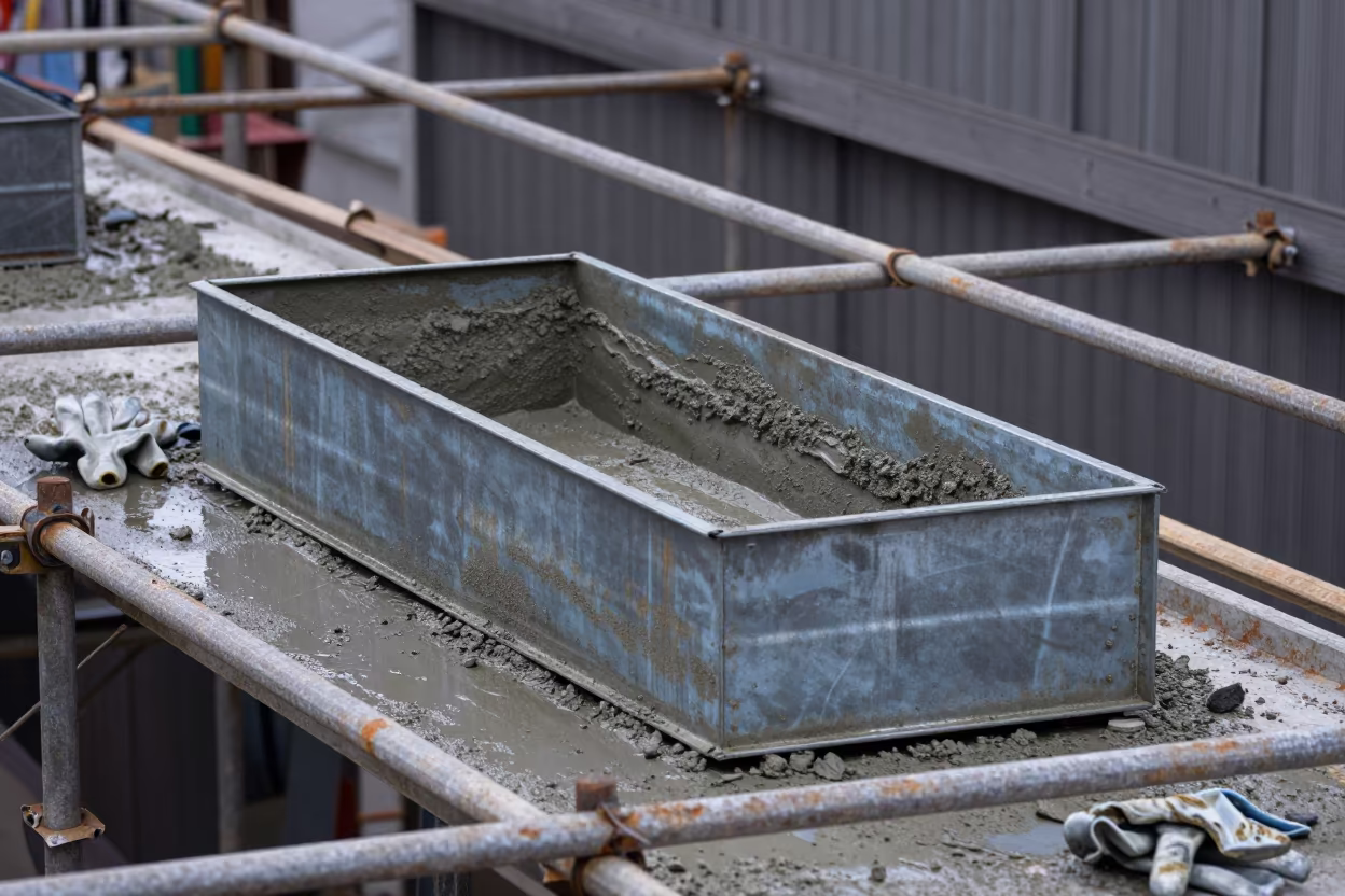 Grout Cube Mold Box on Scaffolded Shikoku Facade in along a scaffolded facade in Shikoku