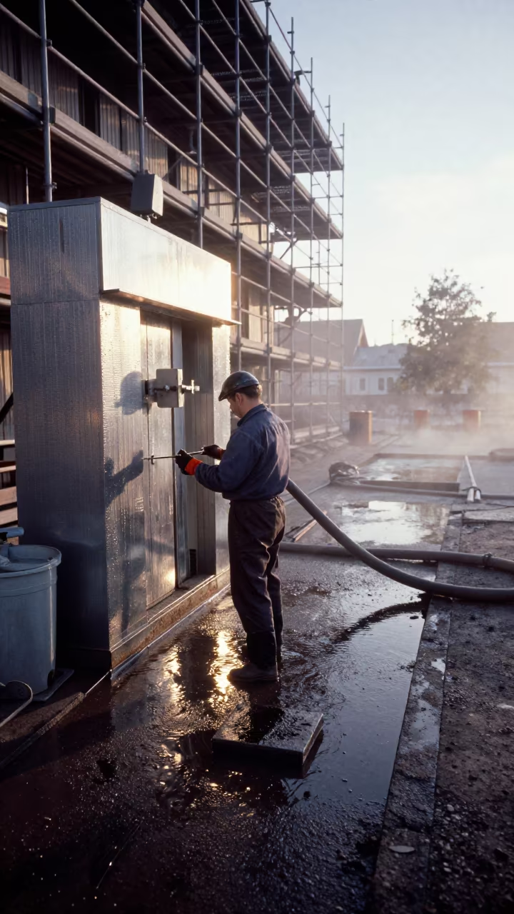 Grout Wash Station on Scaffolded Facade in along a scaffolded facade in Lahti