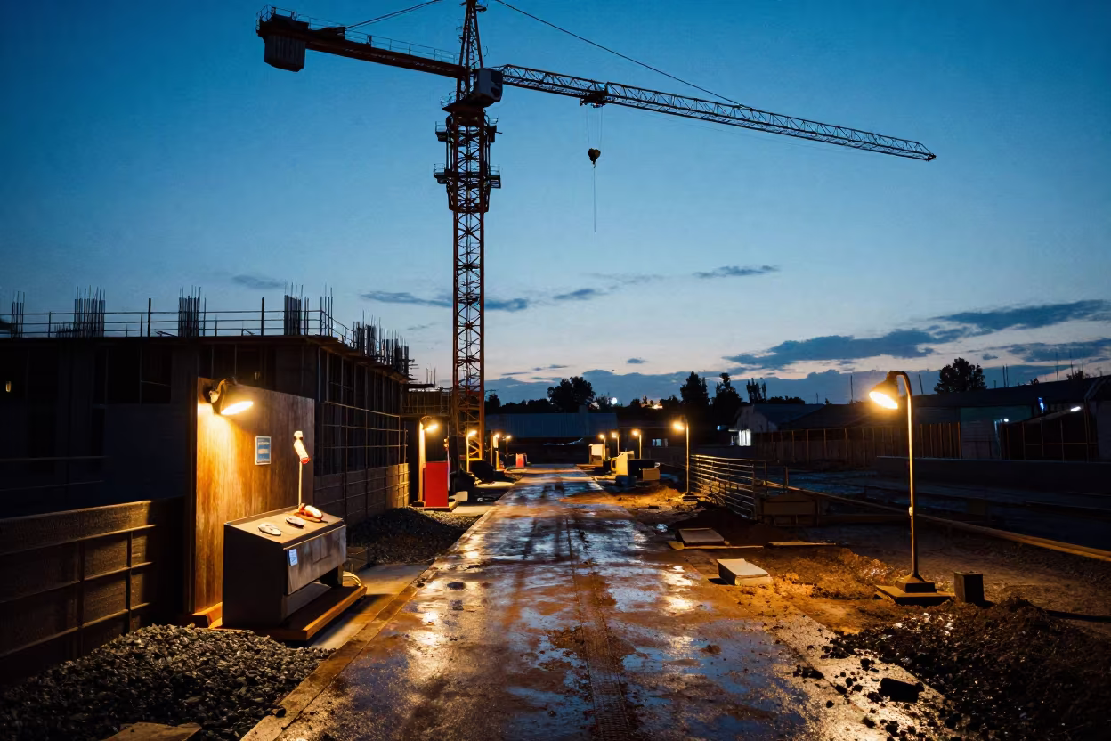 Grout Wash Station Under Crane at Blue Hour in beneath a tower crane on open ground in Northern Territory