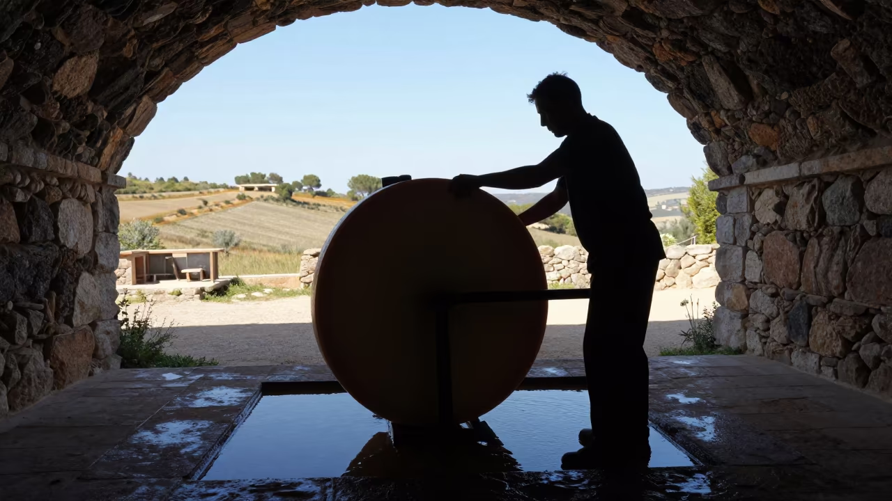Gruyere Wheel Turned in Tuscan Cave in in Tuscany