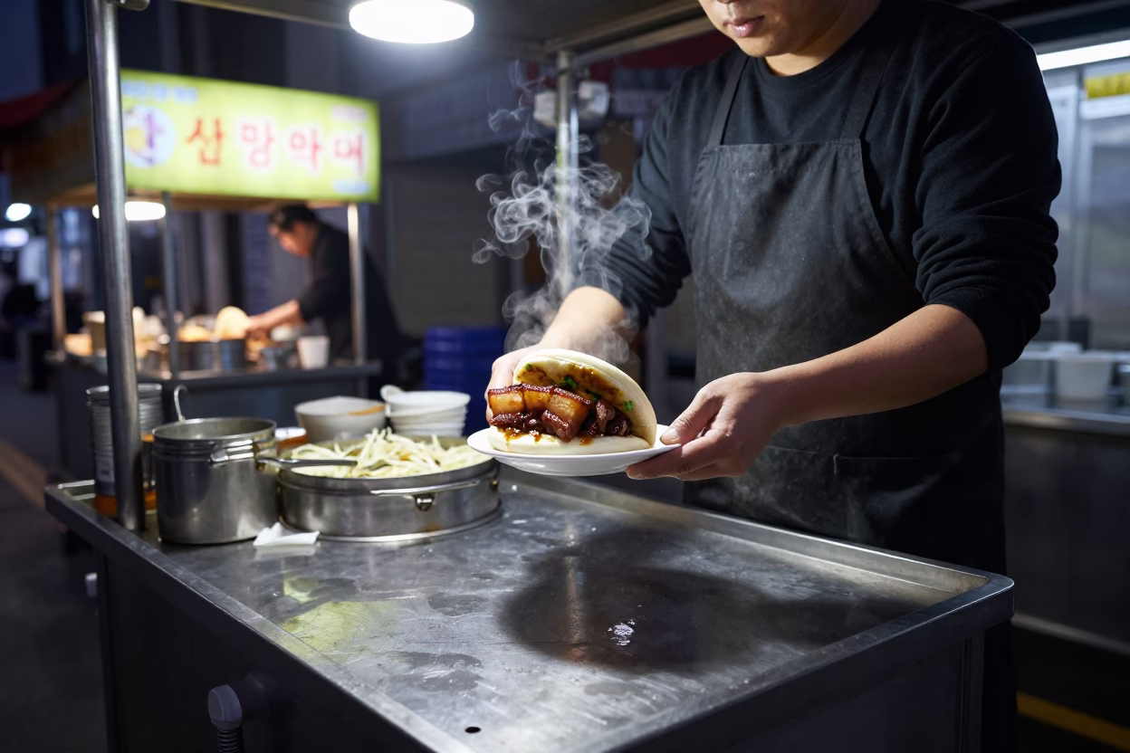 Gua Bao at Late At Night Light in Seoul in in Seoul, South Korea