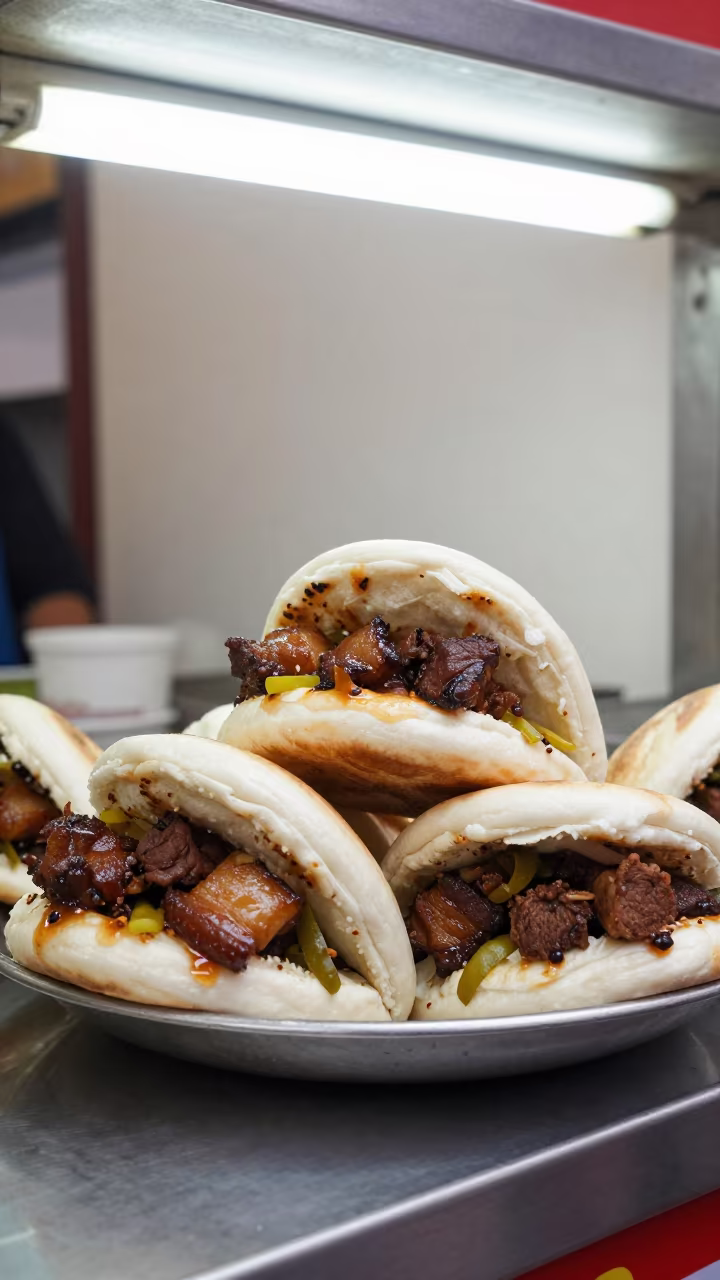 Gua Bao with Braised Pork Belly at Holon Market Stall in at a market stall counter in Holon