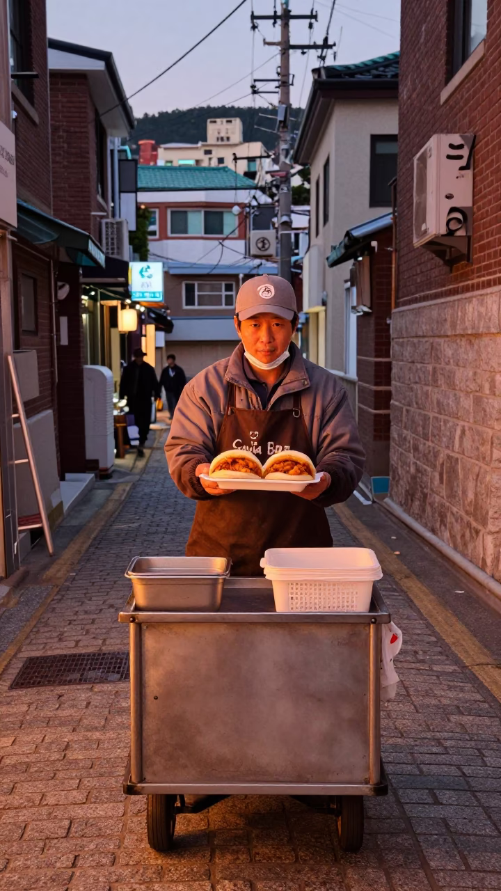Gua Bao in Busan at Copper-toned Light Before Dusk in in Busan, South Korea