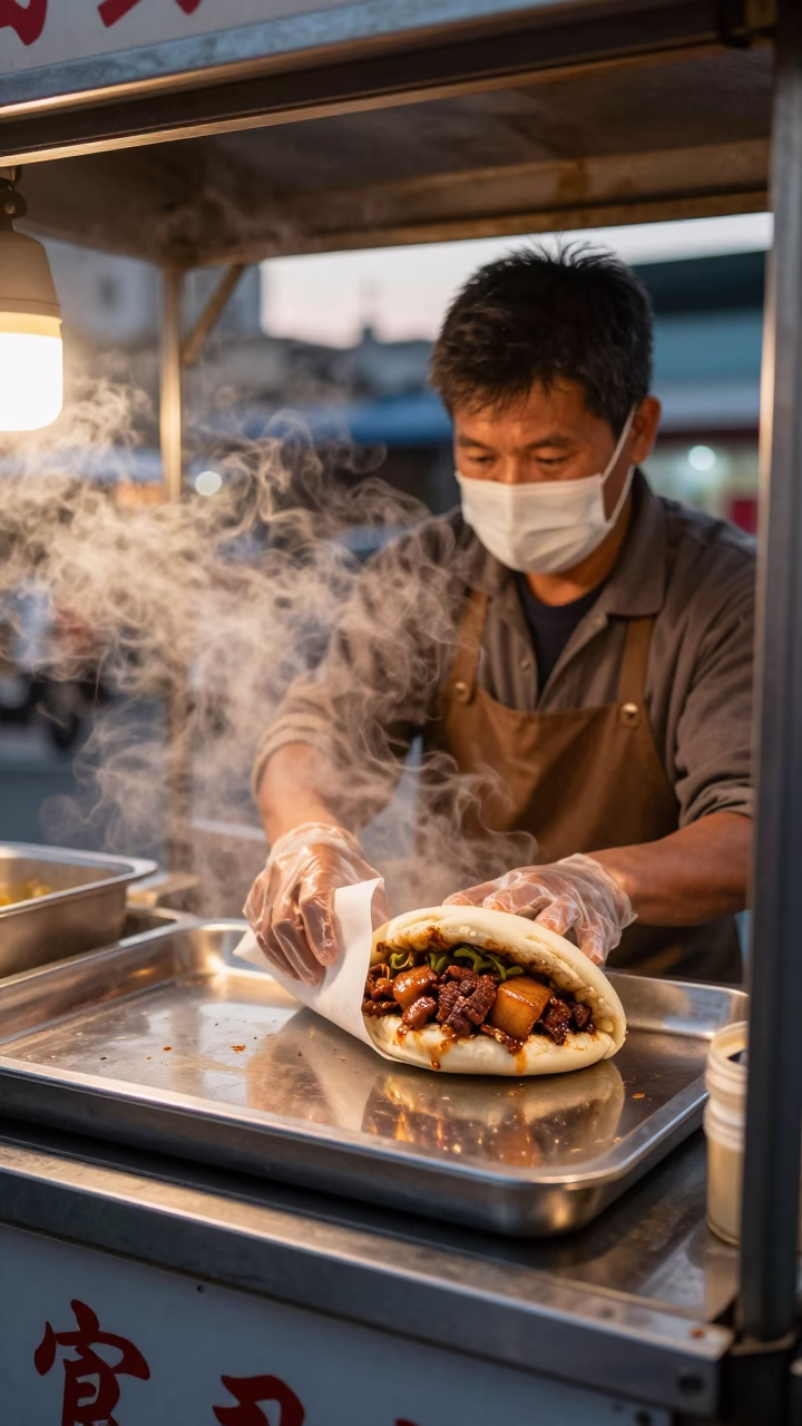 Gua Bao in Kaohsiung at Copper-toned Light Before Dusk in in Kaohsiung, Taiwan