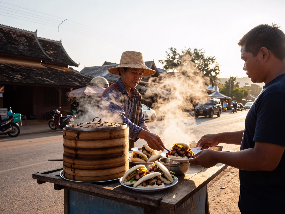 Gua Bao in Luang Prabang at Clear Late-afternoon Light in in Luang Prabang, Laos