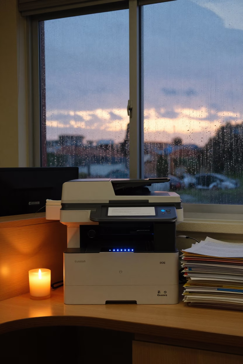 Guacara Office Desk with Candlelight and Rain in at an office reception desk in Guacara