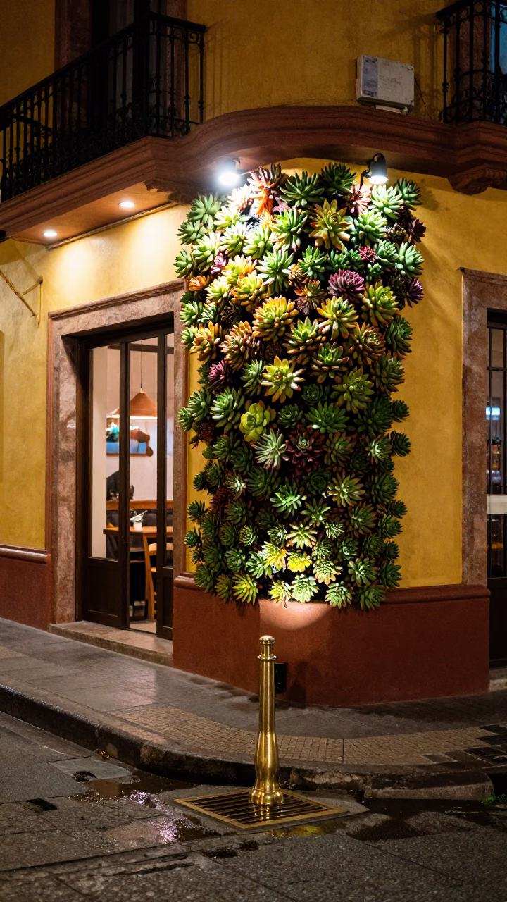 Guadal Mexico Night Street Scene with Succulent Living Wall and Brass Fixtures in in Guadalajara, Mexico
