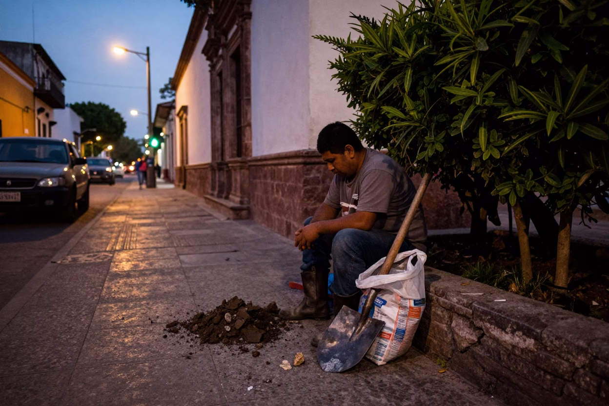 Guadalada Mexico Evening Street Scene with Trowel and Garden Rake Near Colonial Architecture in in Guadalajara, Mexico