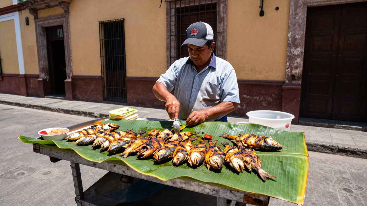 Guadalada Mexico Noon Street Scene with Grilled Fish and Chilaquiles in in Guadalajara, Mexico