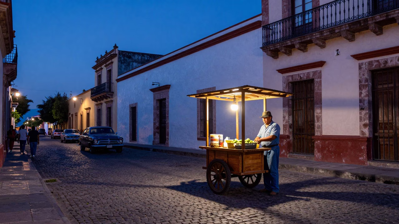 Guadalajara Blue Hour Street Scene with Avocados and Vintage 1950s Atmosphere in in Guadalajara, Mexico