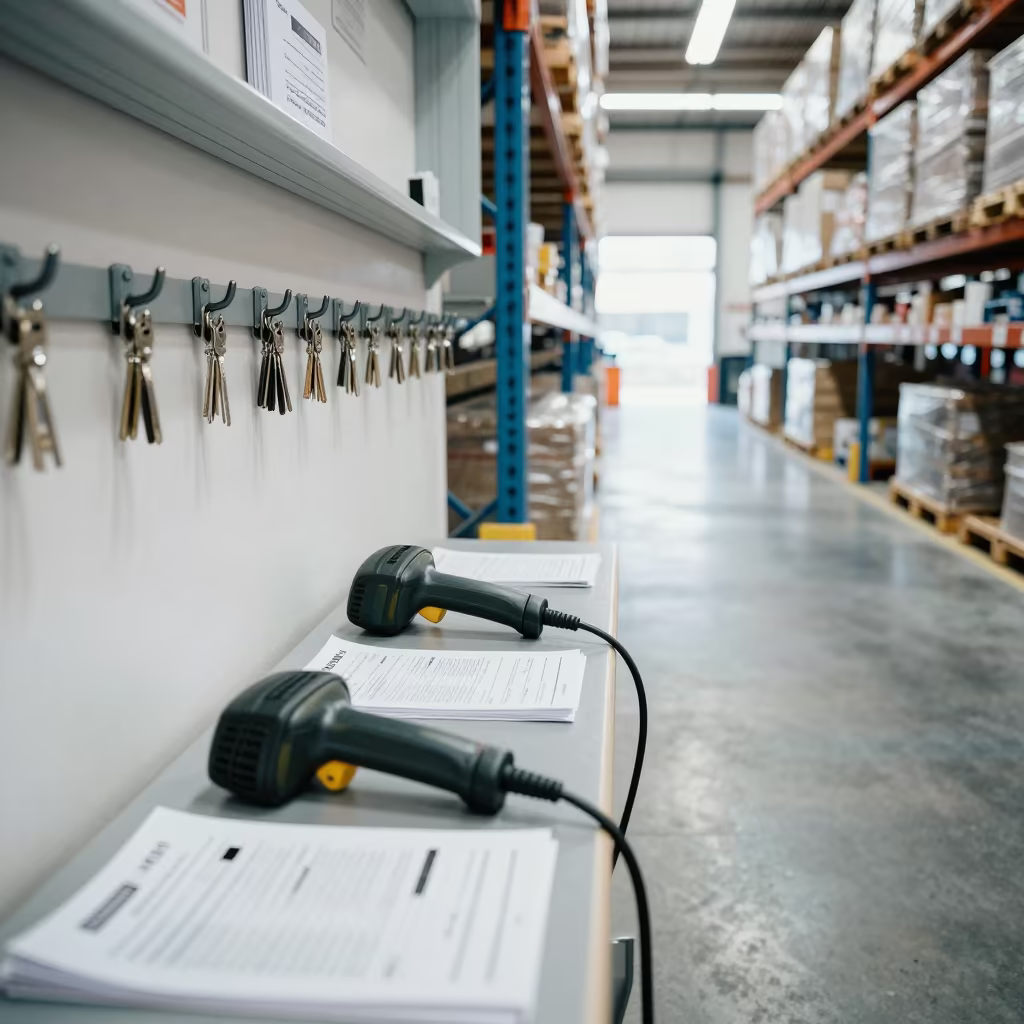 Guadalajara Depot Table With Scanners And Slips in inside a warehouse aisle in Guadalajara