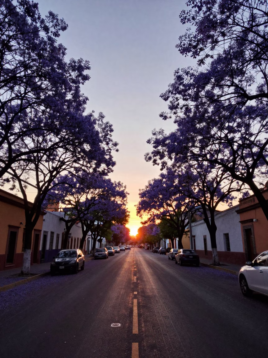 Guadalajara Jacaranda Boulevard Dusk Street Scene with Power Lines in in Guadalajara, Mexico