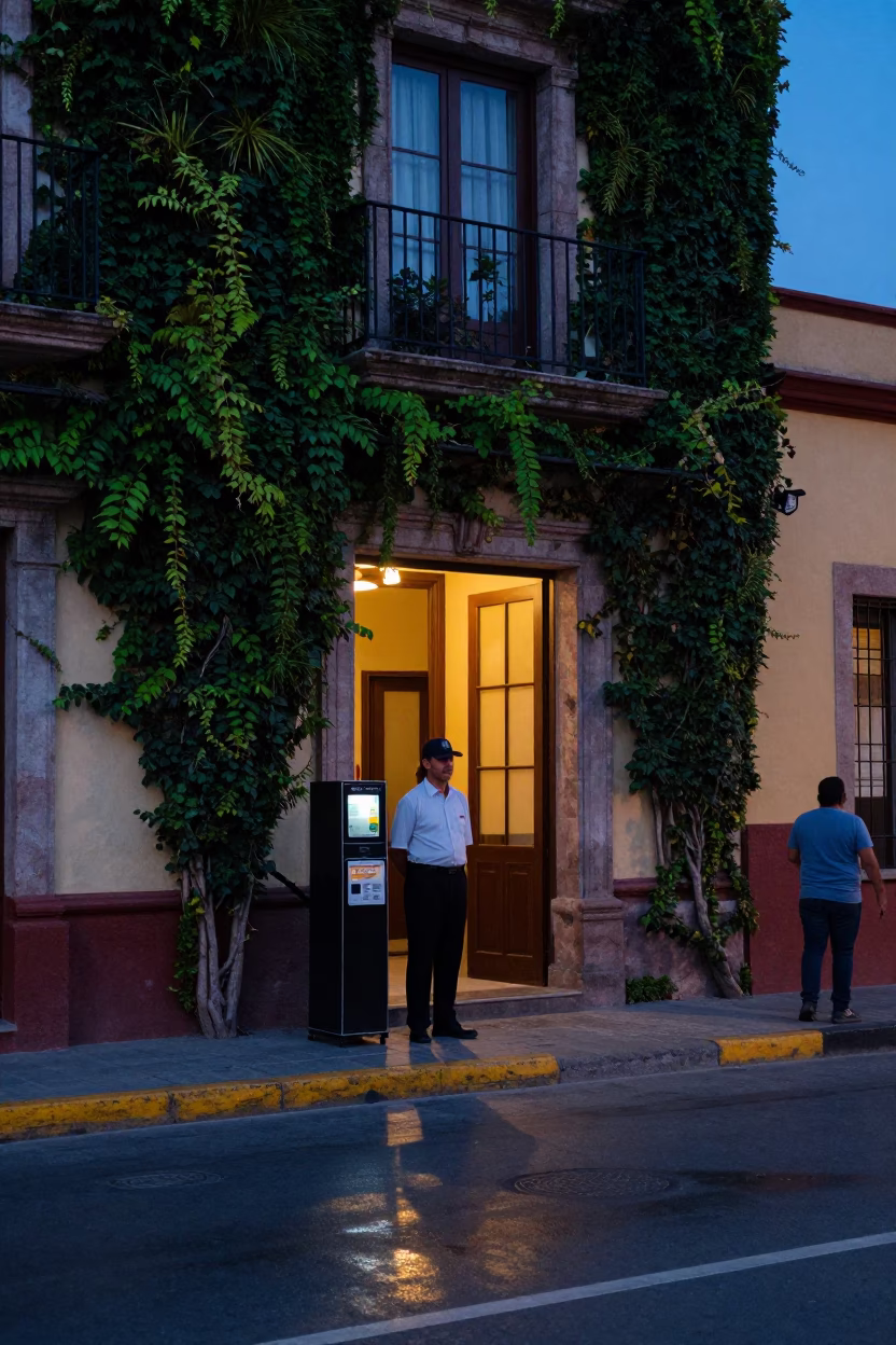 Guadalajara Mexico blue hour street scene with ivy and valet stand reflections in in Guadalajara, Mexico