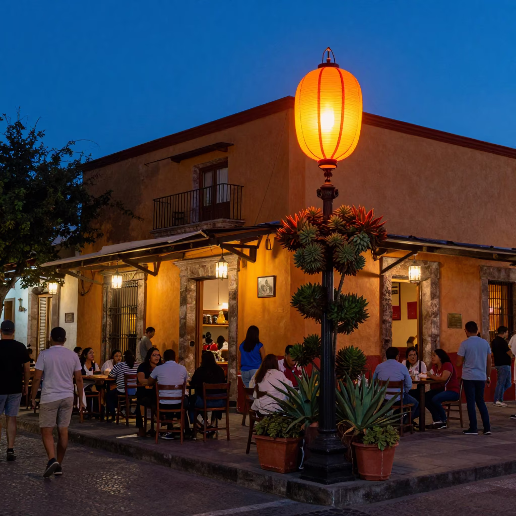 Guadalajara Mexico Blue Hour Street Scene with Lantern and Succulents in in Guadalajara, Mexico