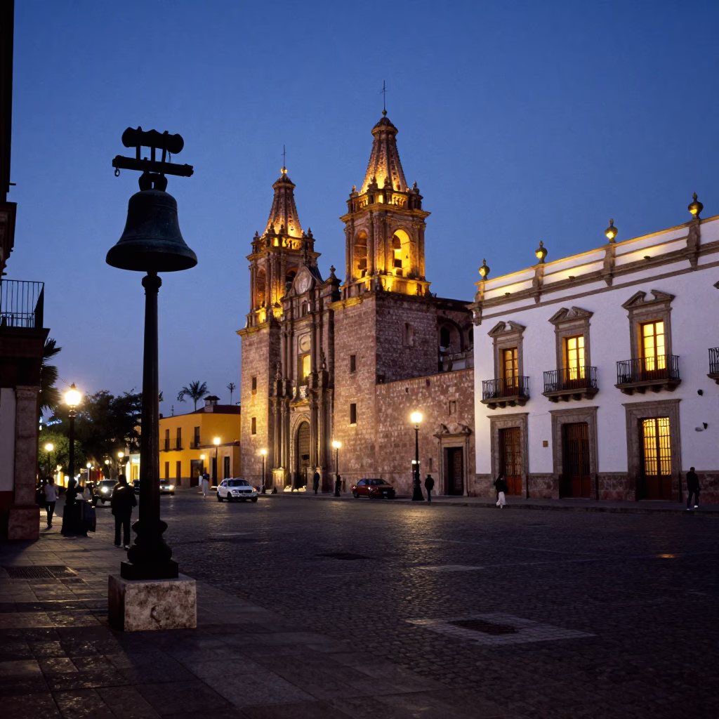 Guadalajara Mexico Blue Hour Street Scene with Traditional Bell and Urban Architecture in in Guadalajara, Mexico