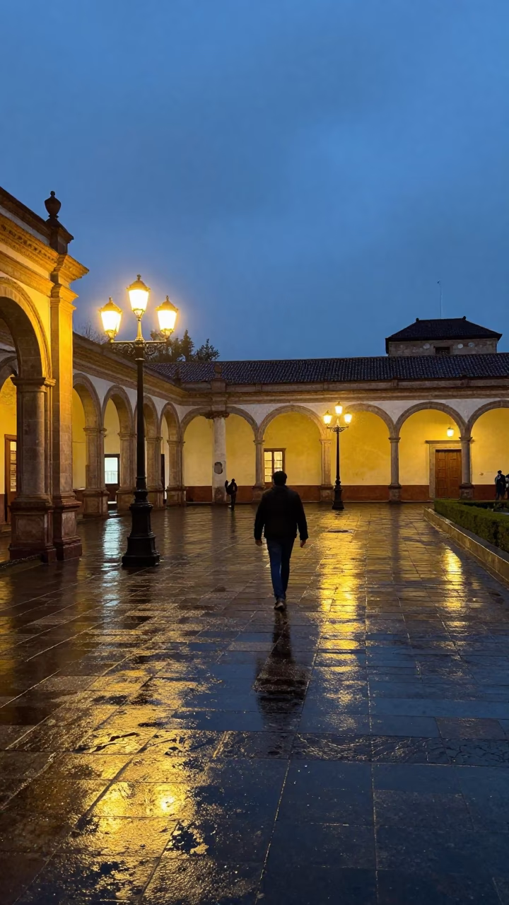 Guadalajara Mexico City Lights Glow University Cloister Wet Flagstones After Rain in in Guadalajara, Mexico