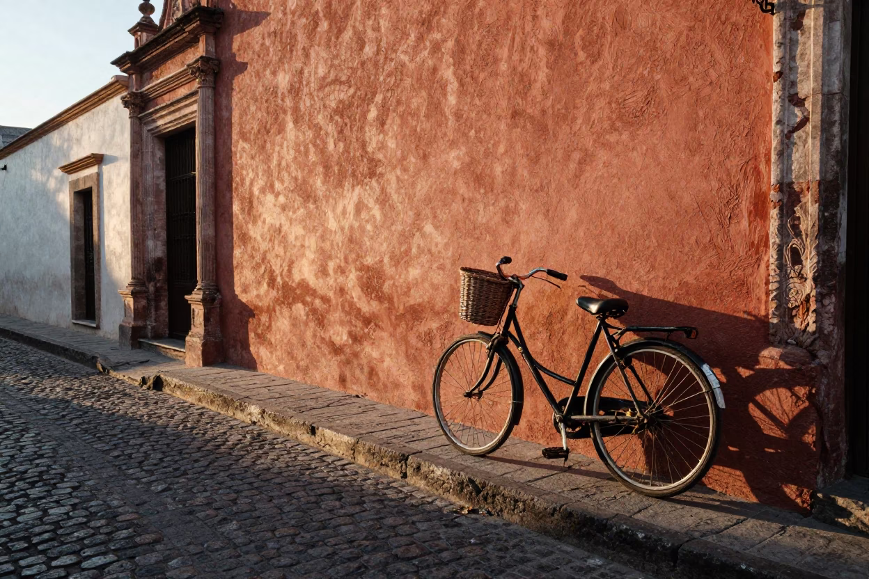 Guadalajara Mexico Dawn Street Scene Vintage Bicycle and Wicker Basket in in Guadalajara, Mexico