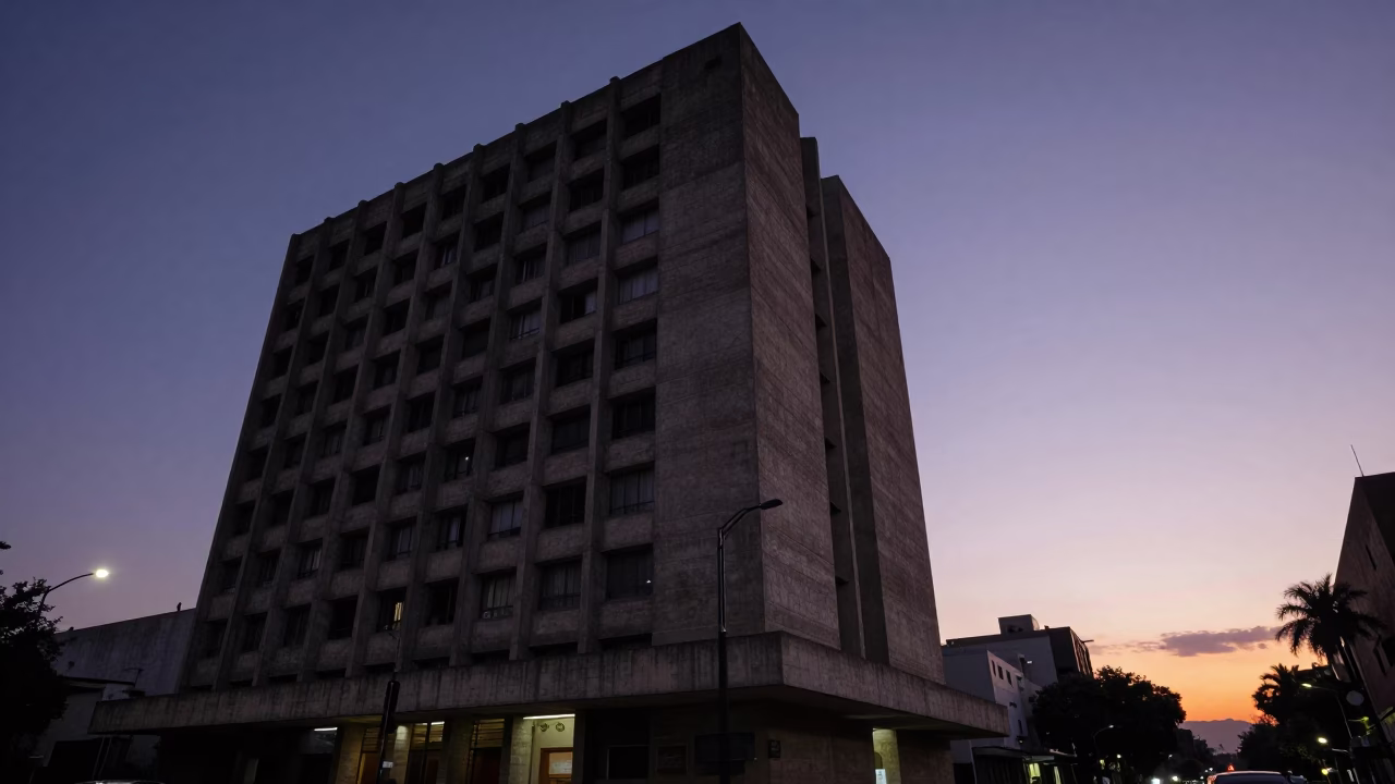 Guadalajara Mexico Dusk Street Scene with Brutalist Concrete Architecture and Urban Shadows in in Guadalajara, Mexico