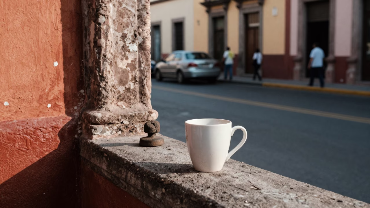 Guadalajara Mexico Early Afternoon Street Scene with Cup and Peg Rail in 1970s Realism in in Guadalajara, Mexico