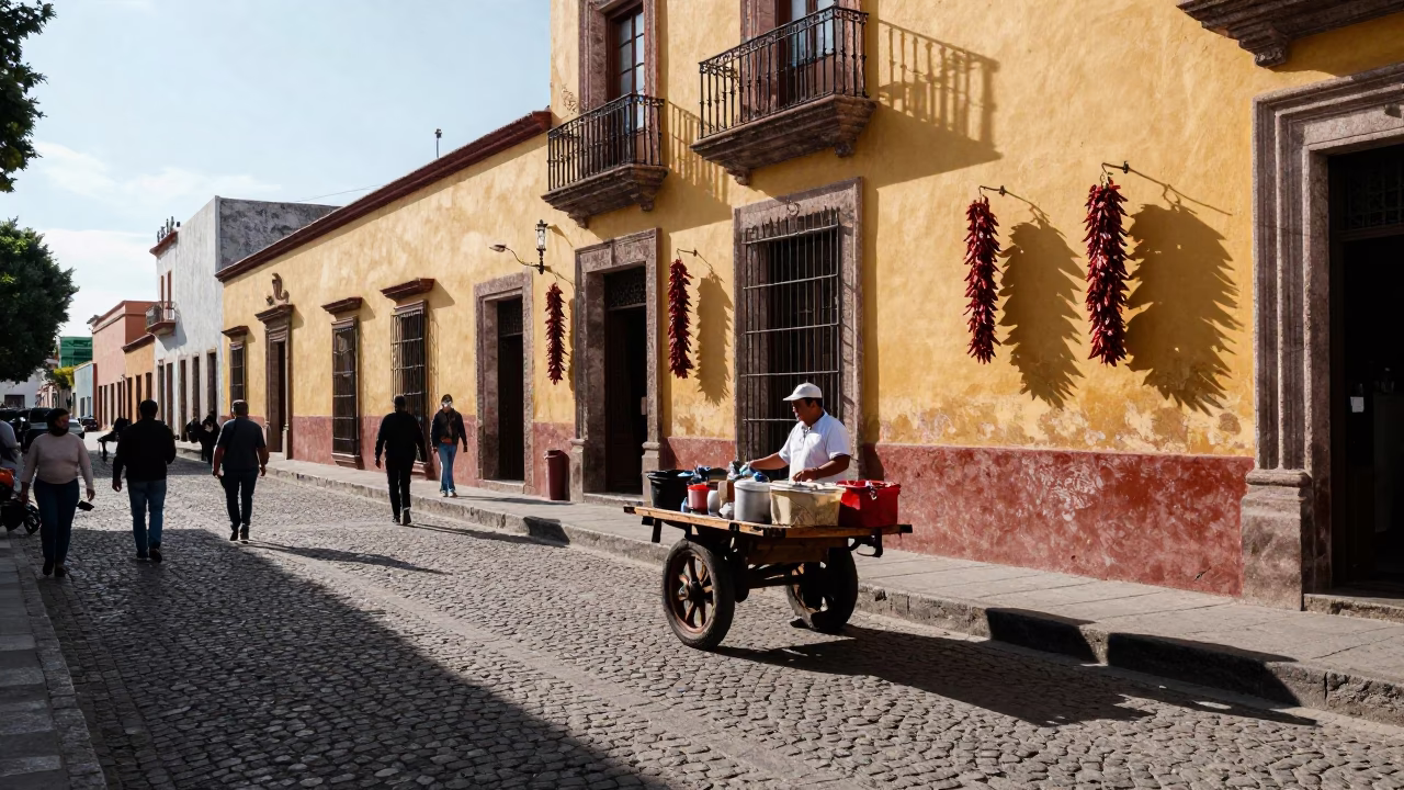 Guadalajara Mexico Early Afternoon Street Scene with Dried Chili Peppers in in Guadalajara, Mexico