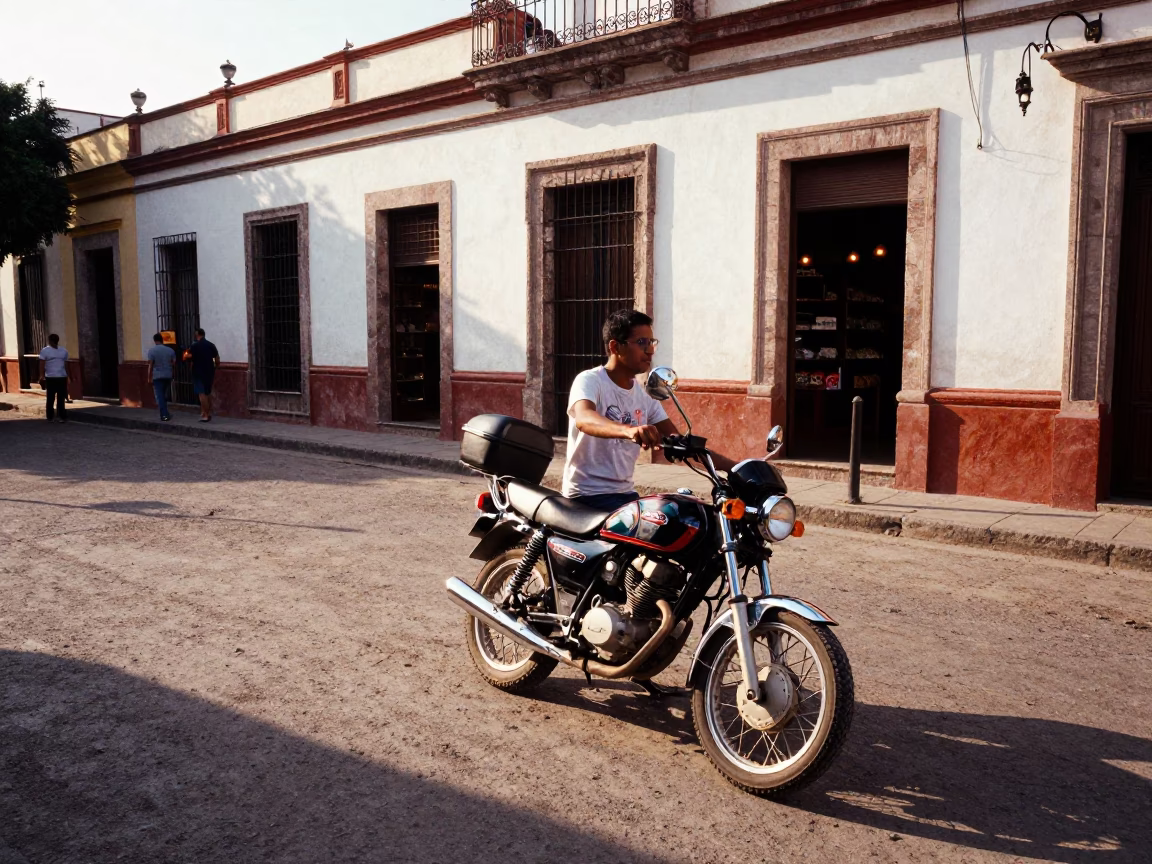 Guadalajara Mexico Early Afternoon Street Scene with Motorcycle and Bakery in in Guadalajara, Mexico