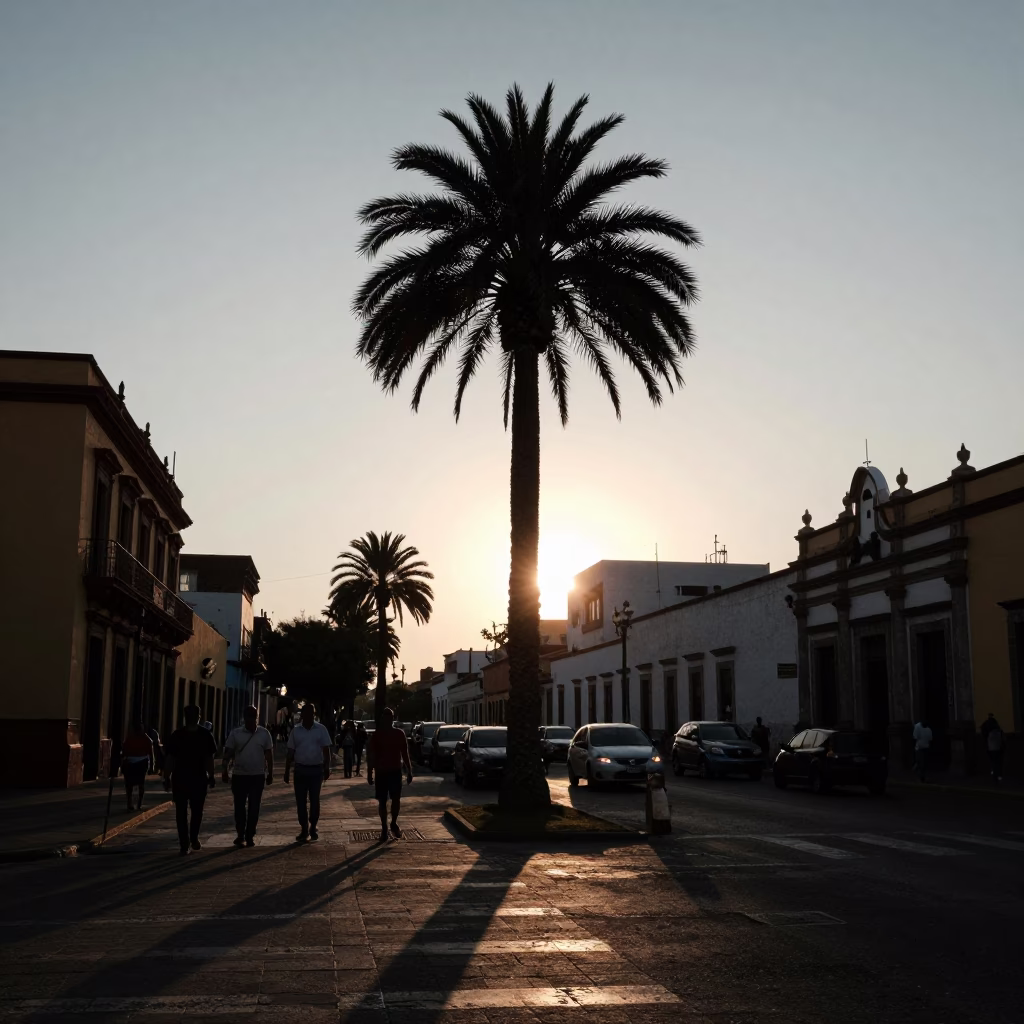 Guadalajara Mexico Early Evening Street Scene with Palm Silhouette and Subtle Urban Details in in Guadalajara, Mexico