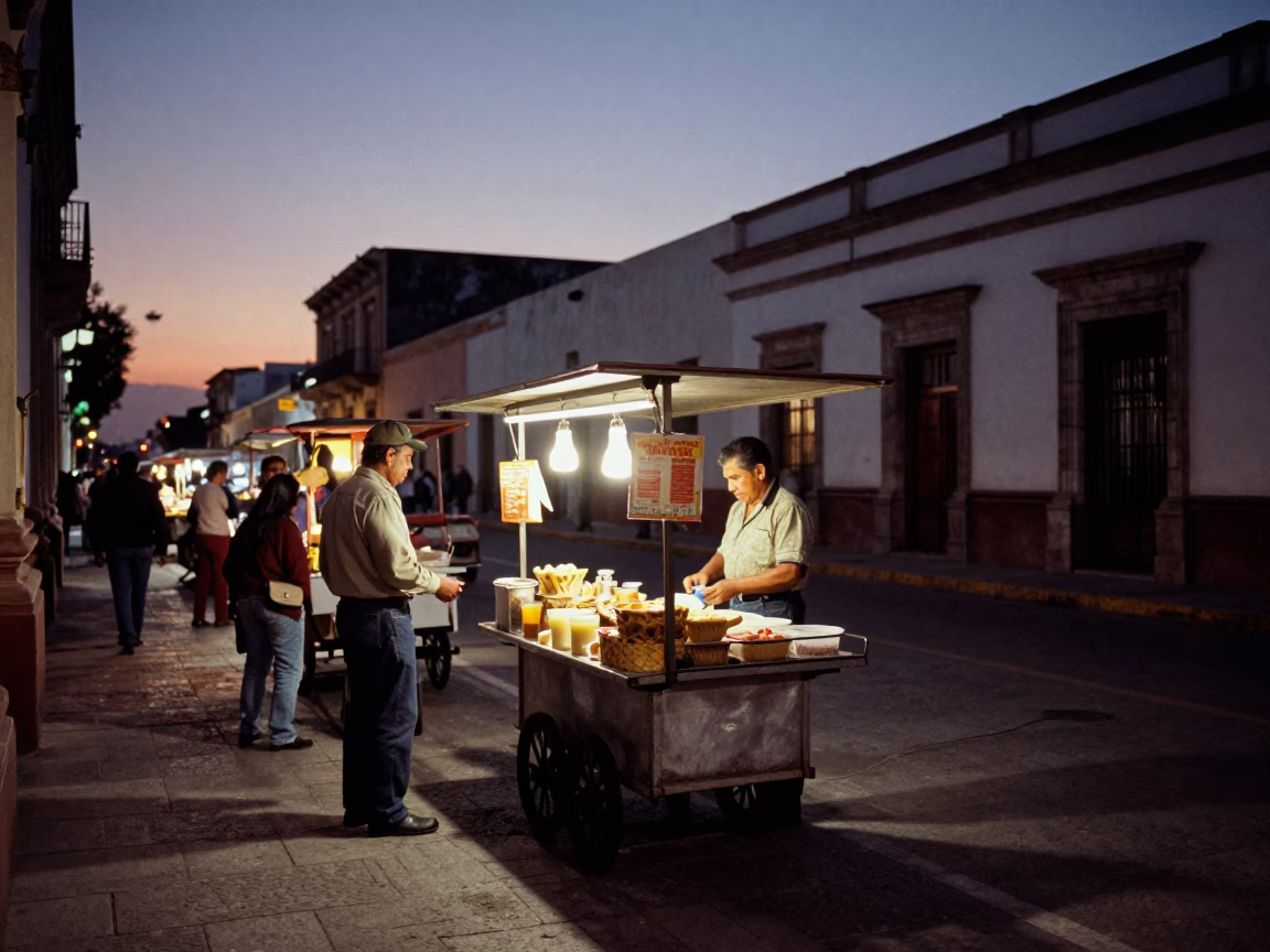 Guadalajara Mexico Early Evening Street Scene with Traditional Food Vendors in in Guadalajara, Mexico