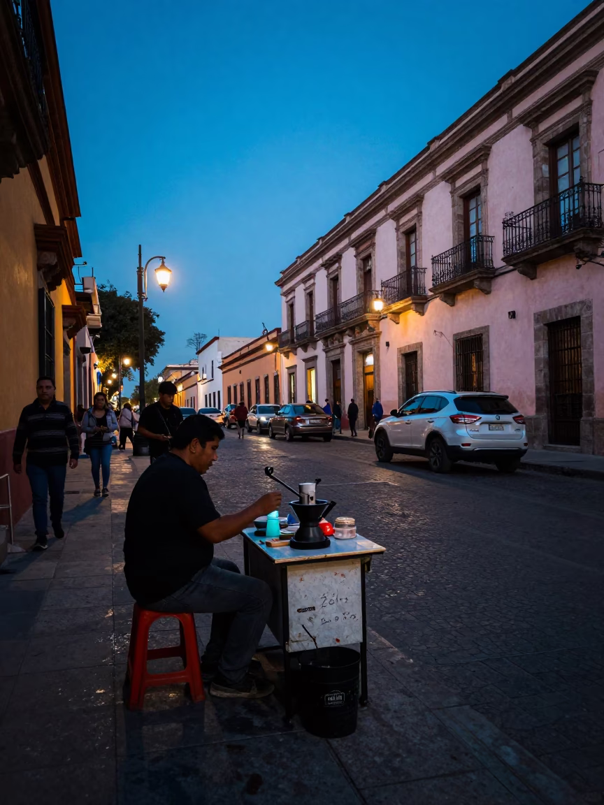 Guadalajara Mexico Evening Street Scene with Coffee Grinder and Local Life in in Guadalajara, Mexico