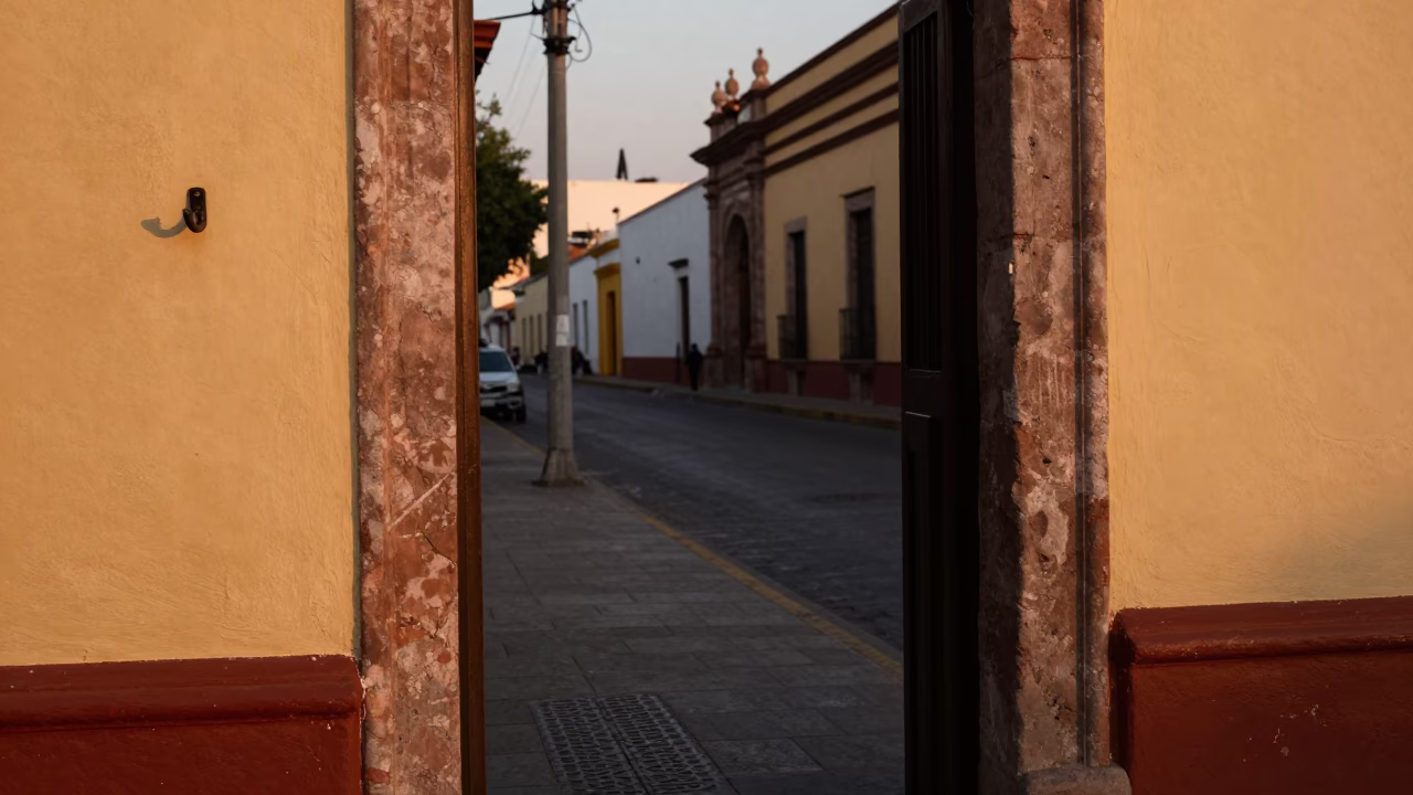 Guadalajara Mexico Evening Street Scene with Doorframe and Wall Hook Details in in Guadalajara, Mexico