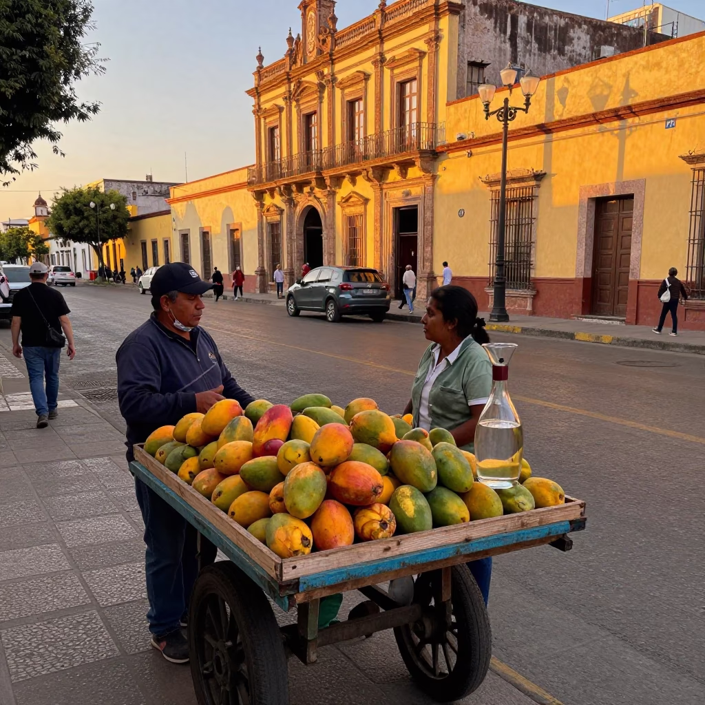 Guadalajara Mexico Evening Street Scene with Fruit Vendor and Carafe in in Guadalajara, Mexico