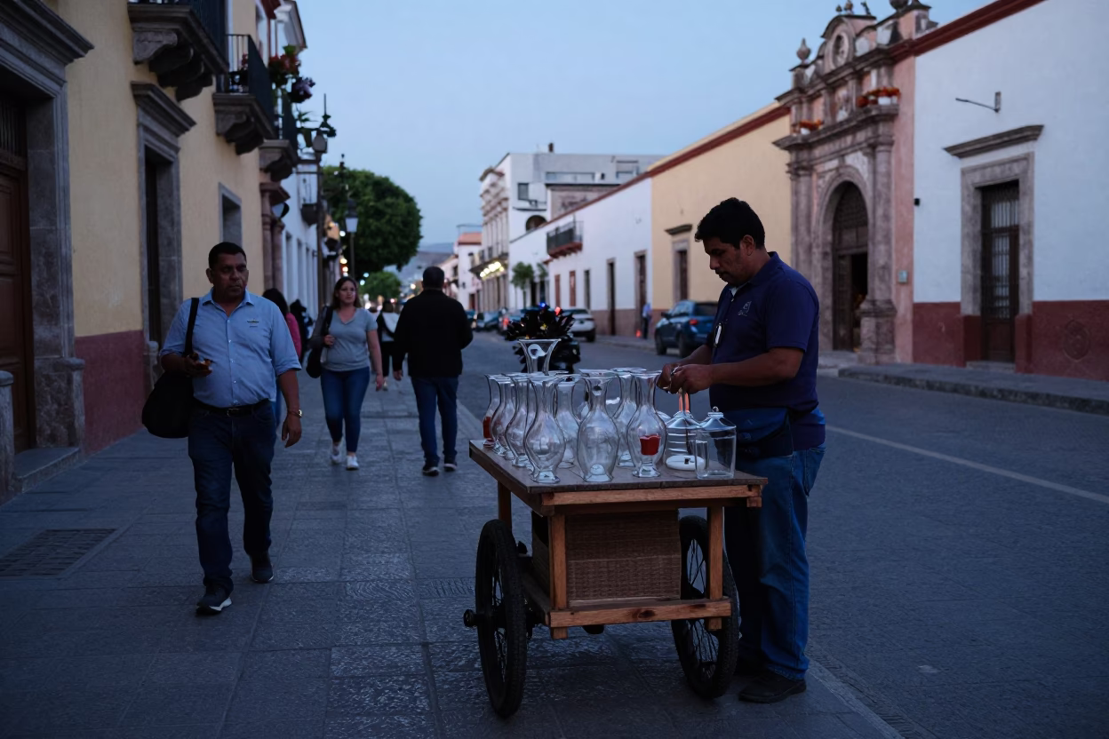 Guadalajara Mexico Evening Street Scene with Glass Vases and Local Market Activity in in Guadalajara, Mexico