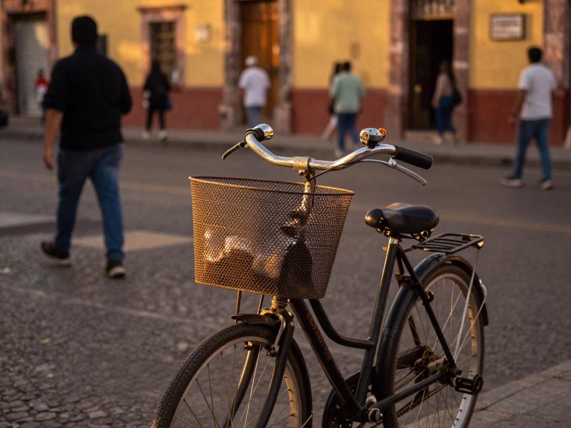 Guadalajara Mexico Evening Street Scene with Vintage Bicycle Basket and Local Market Atmosphere in in Guadalajara, Mexico