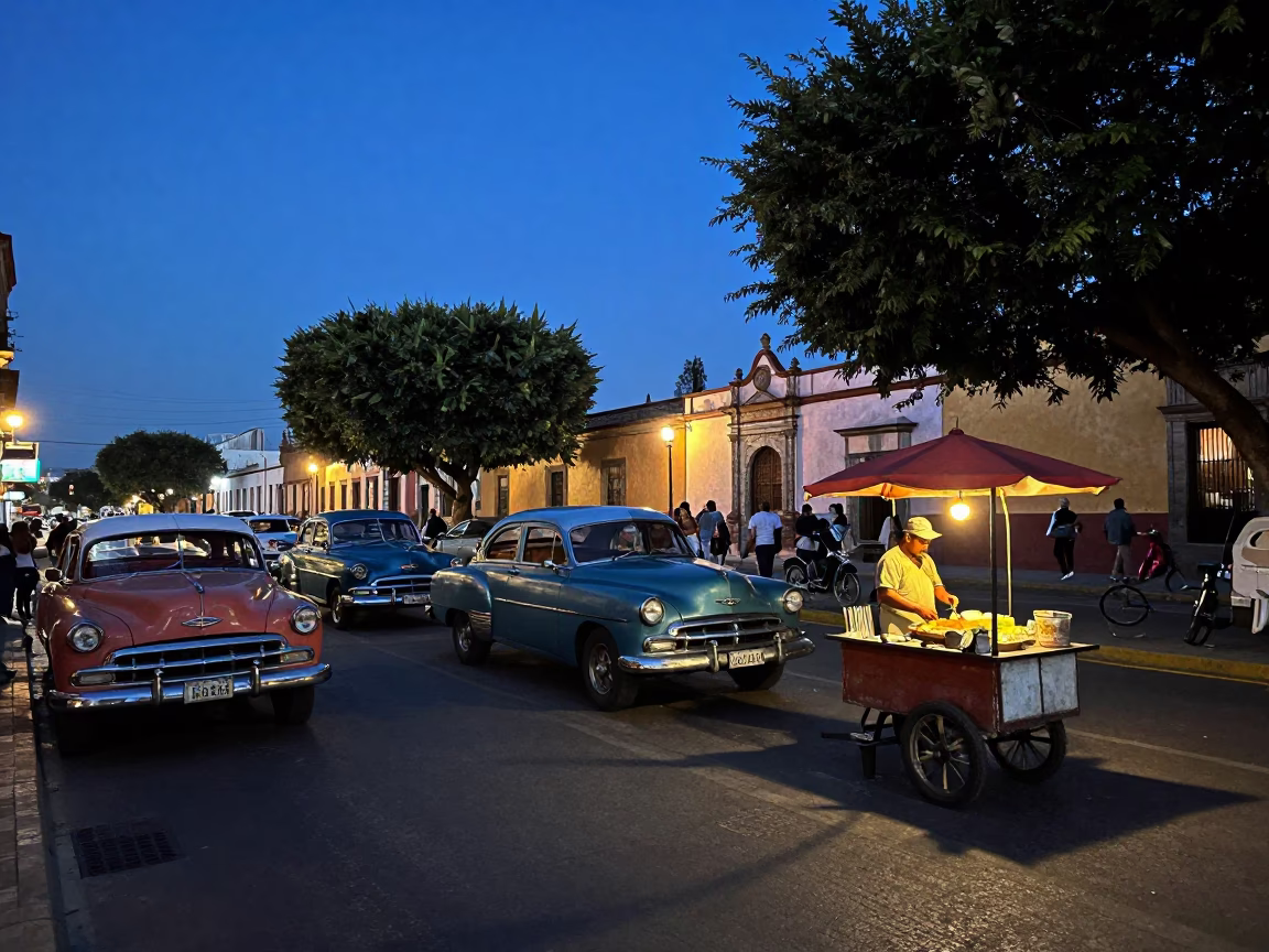 Guadalajara Mexico Evening Street Scene with Vintage Cars and Taper Candles in in Guadalajara, Mexico