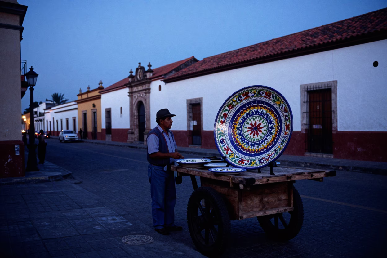 Guadalajara Mexico Evening Street Scene with Vintage Majolica Plate and Garlic Bulbs in in Guadalajara, Mexico