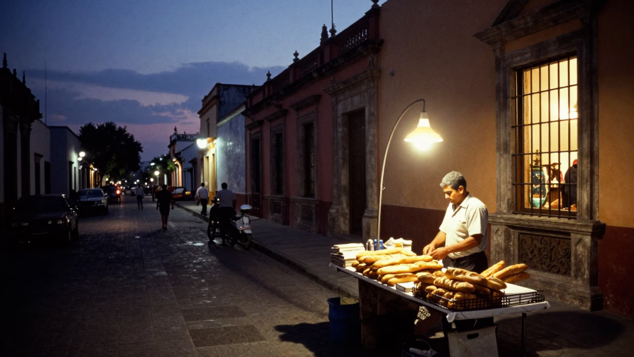 Guadalajara Mexico Evening Street Scene with Window Light and Local Life in in Guadalajara, Mexico
