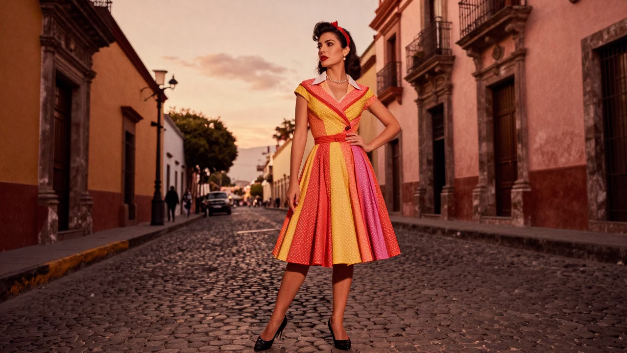 Guadalajara Mexico High Fashion 1950s Style Portrait in Copper Dusk Light with Colorful Details in in Guadalajara, Mexico