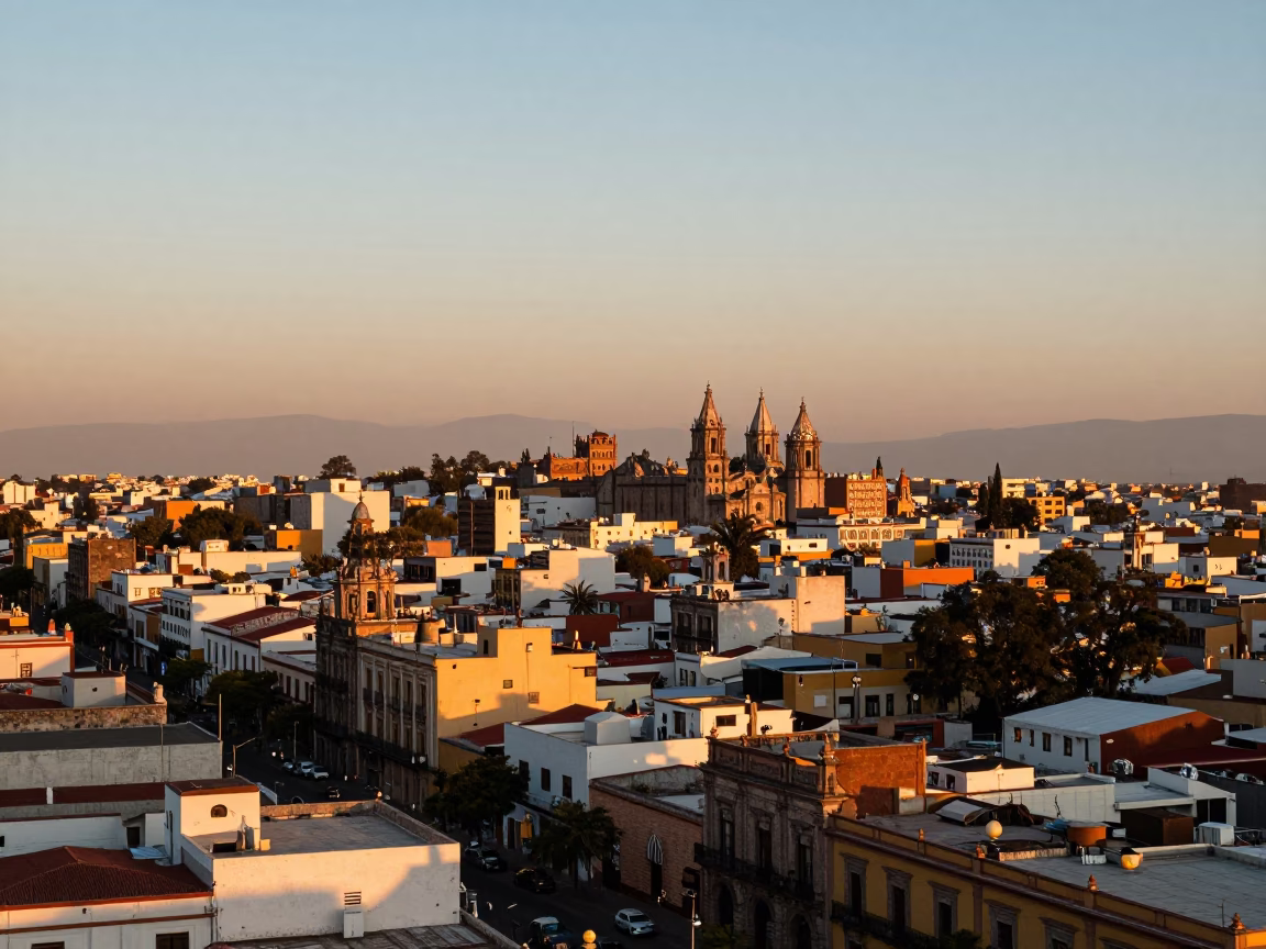 Guadalajara Mexico honeyed evening light 1960s street scene horizon shot in in Guadalajara, Mexico