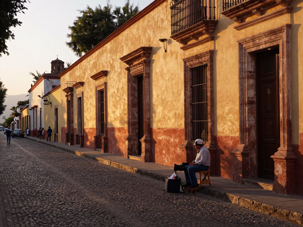 Guadalajara Mexico Honeyed Evening Light Street Scene with Local Artisans and Vintage Details in in Guadalajara, Mexico