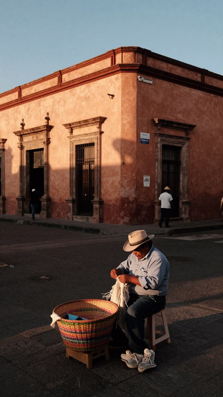 Guadalajara Mexico honeyed evening light street scene with mending basket and local life in in Guadalajara, Mexico