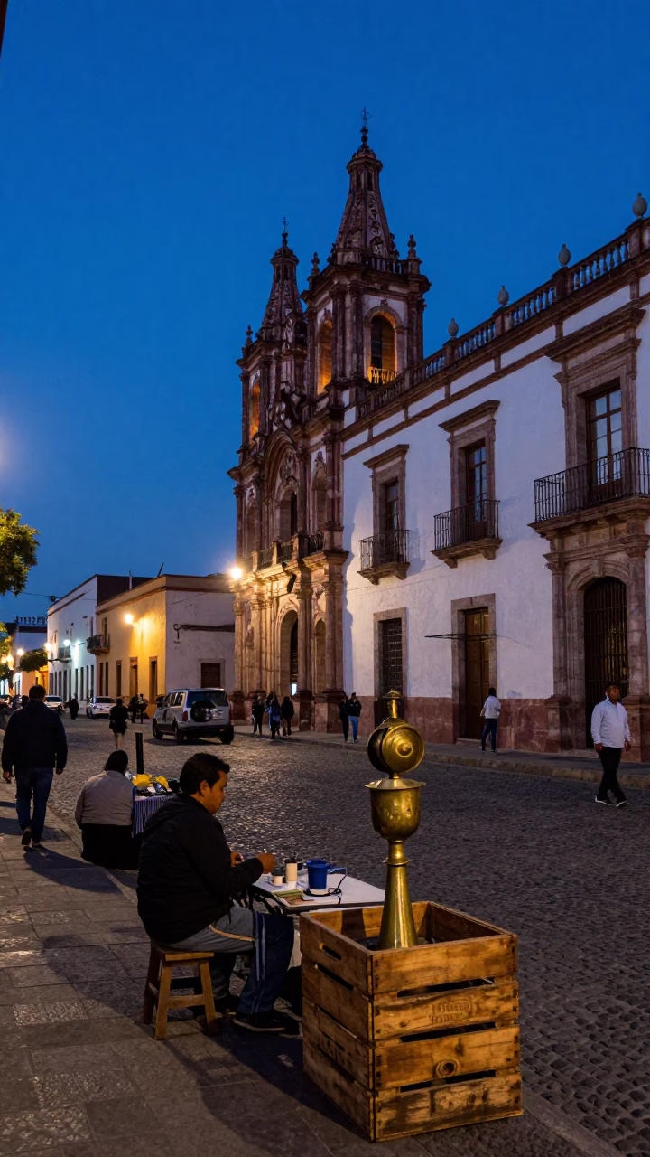 Guadalajara Mexico indigo twilight street scene with crate and brass basin in in Guadalajara, Mexico