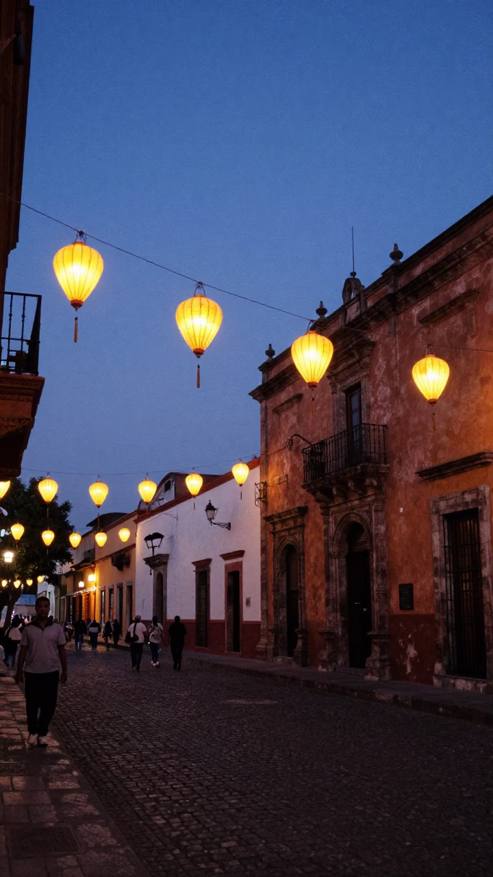 Guadalajara Mexico indigo twilight street scene with hanging lanterns and local market ambiance in in Guadalajara, Mexico