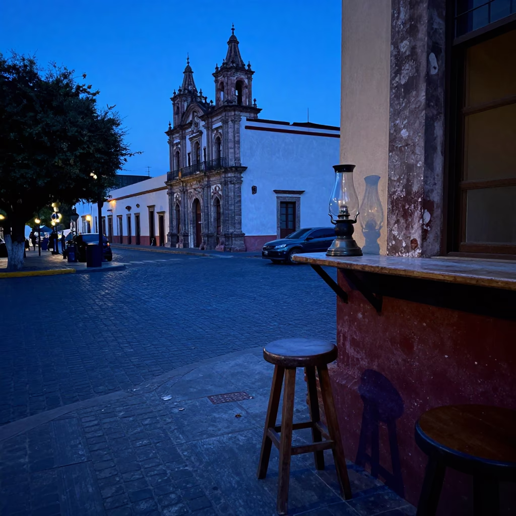 Guadalajara Mexico indigo twilight street scene with kitchen stool and hurricane lamp in in Guadalajara, Mexico