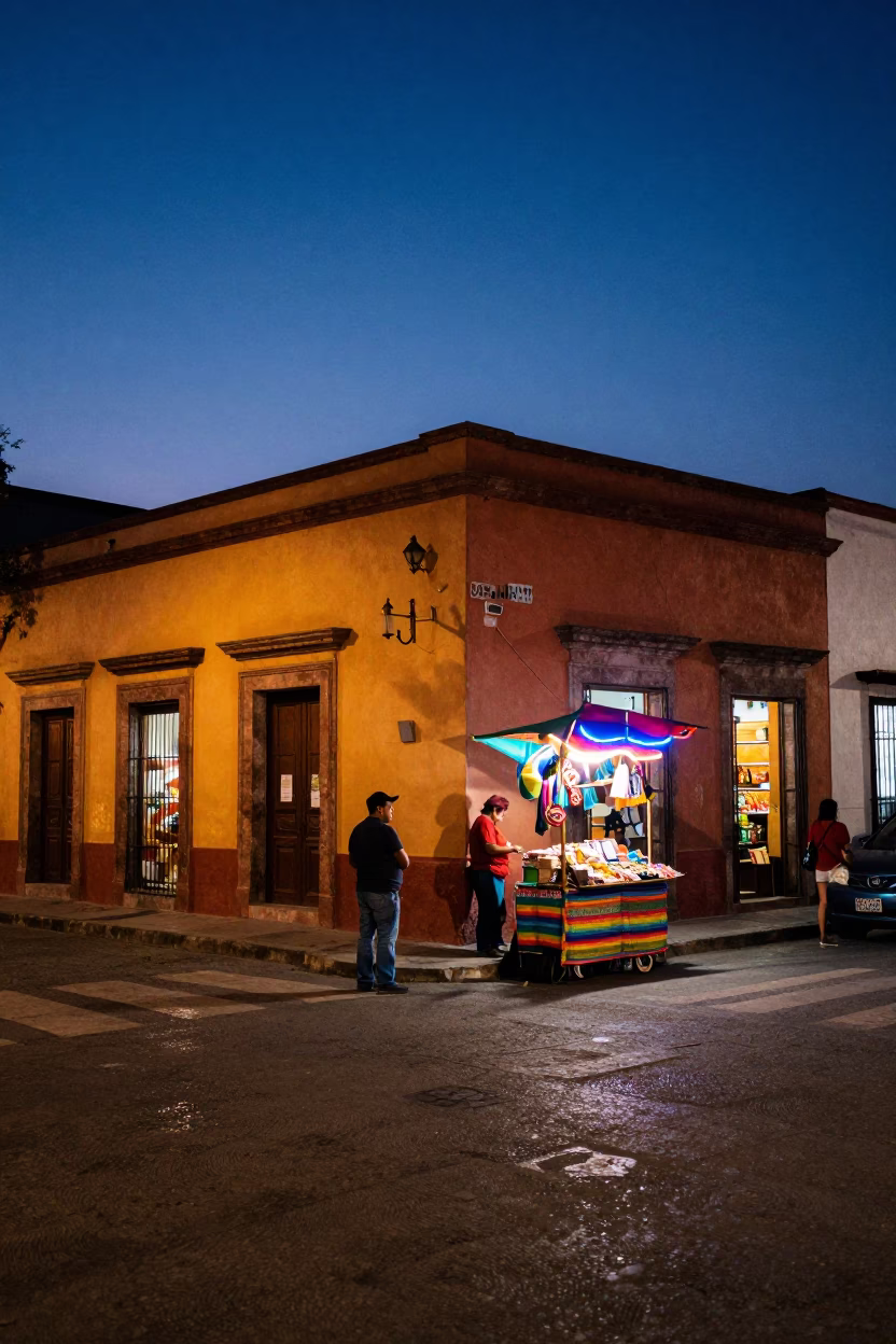 Guadalajara Mexico Indigo Twilight Street Scene with Neon Lights and Urban Activity in in Guadalajara, Mexico