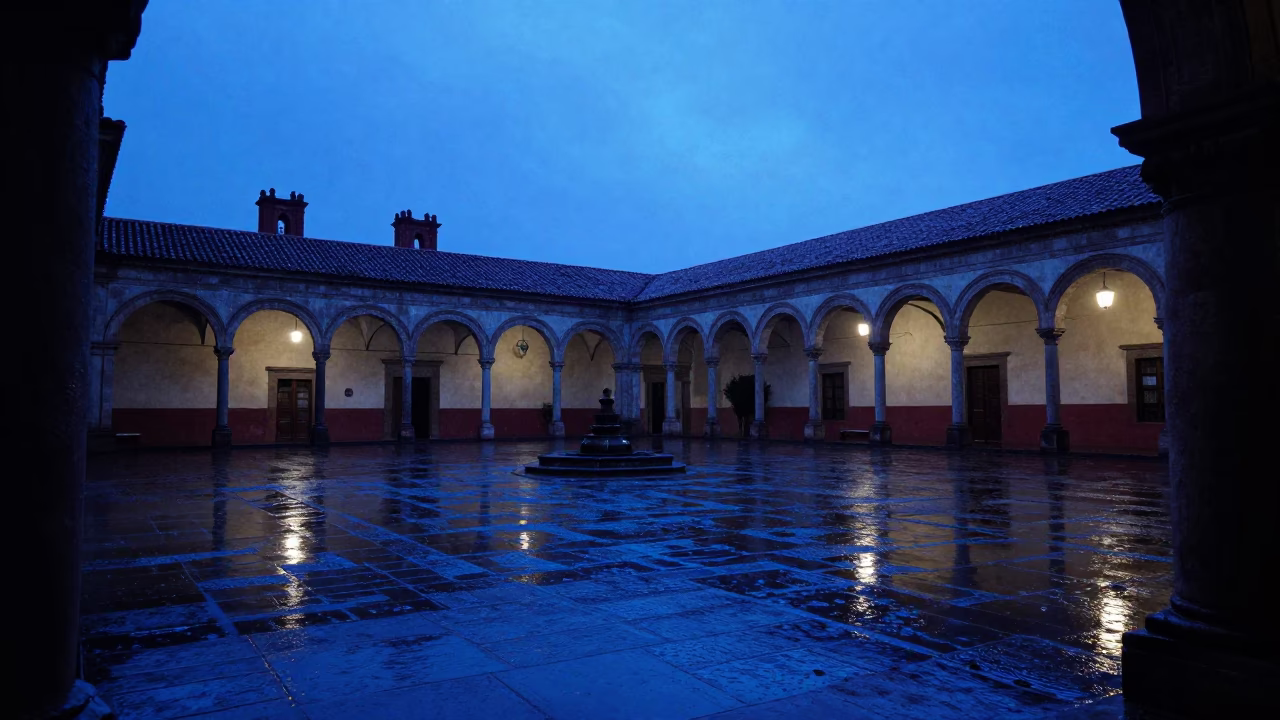 Guadalajara Mexico indigo twilight university cloister wet flagstones rain in in Guadalajara, Mexico