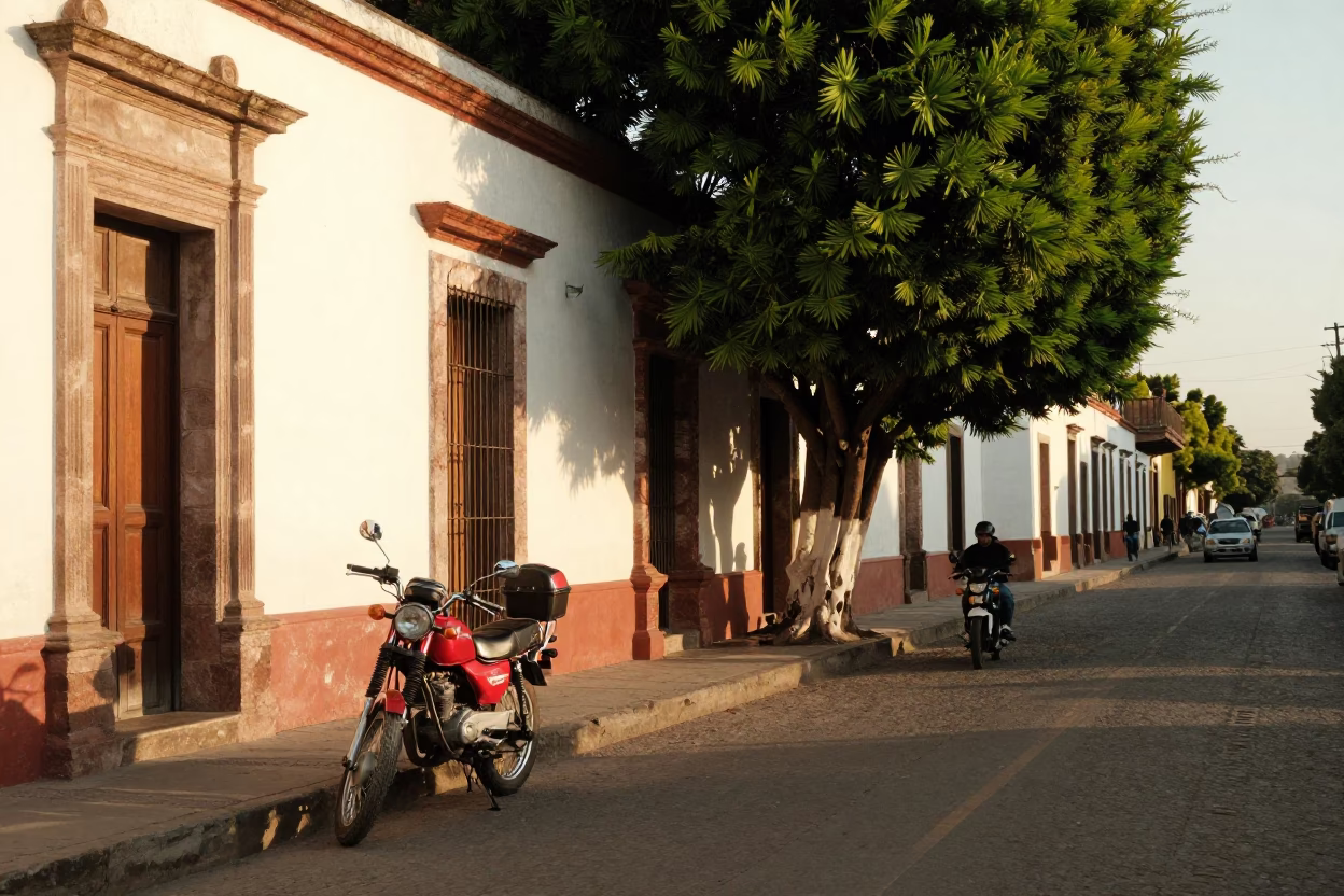 Guadalajara Mexico Late Afternoon Street Scene with Motorcycle and Cedar Trees in in Guadalajara, Mexico