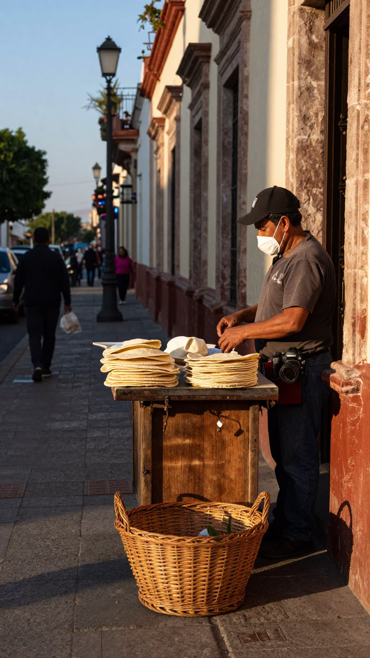 Guadalajara Mexico Late Afternoon Street Scene with Wicker Basket and Ceramic Plate in in Guadalajara, Mexico